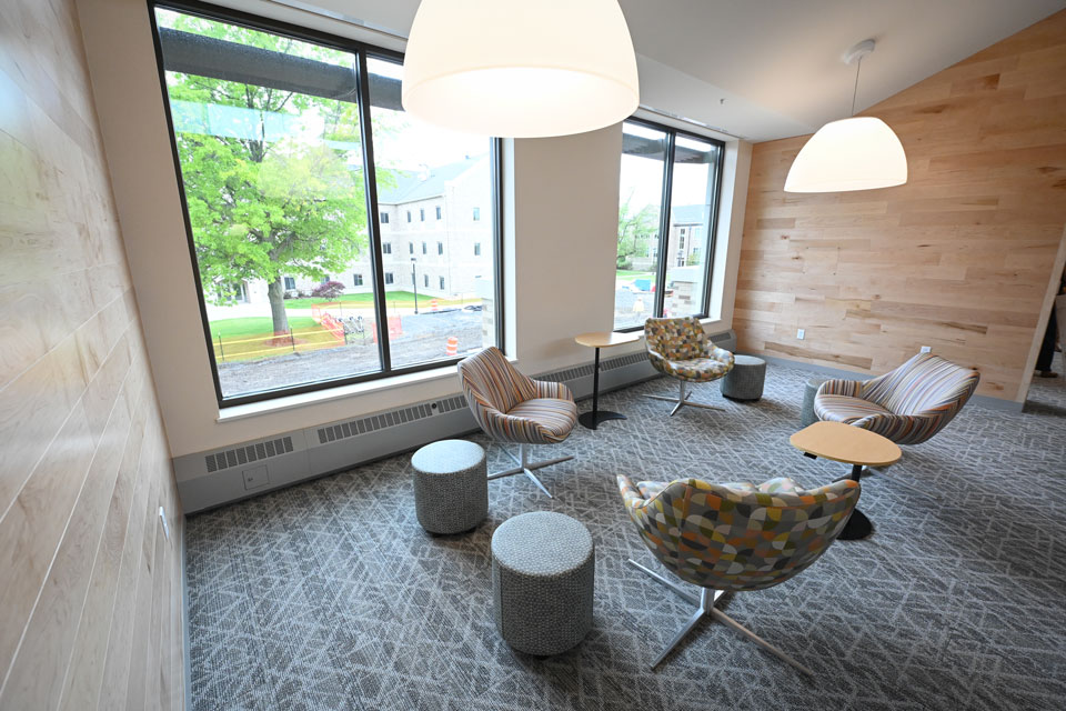 A casual seating area inside Lavery Library.