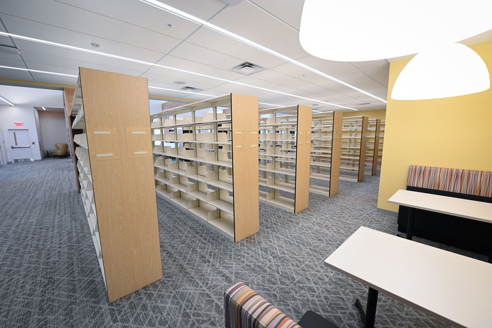 Shelving units have been installed inside Lavery Library.