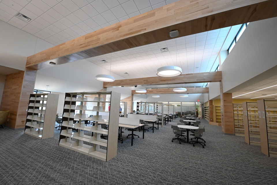 New shelving units and study desks have been added to Lavery Library.