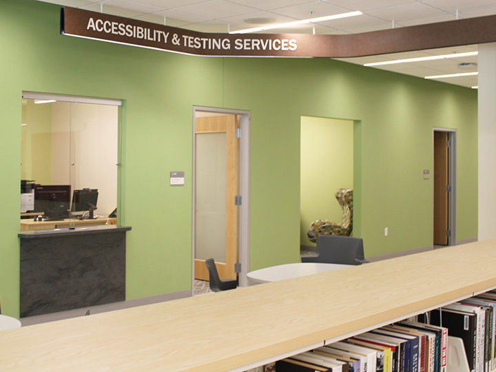 The accessibility and testing services area is on the first floor of Lavery Library.