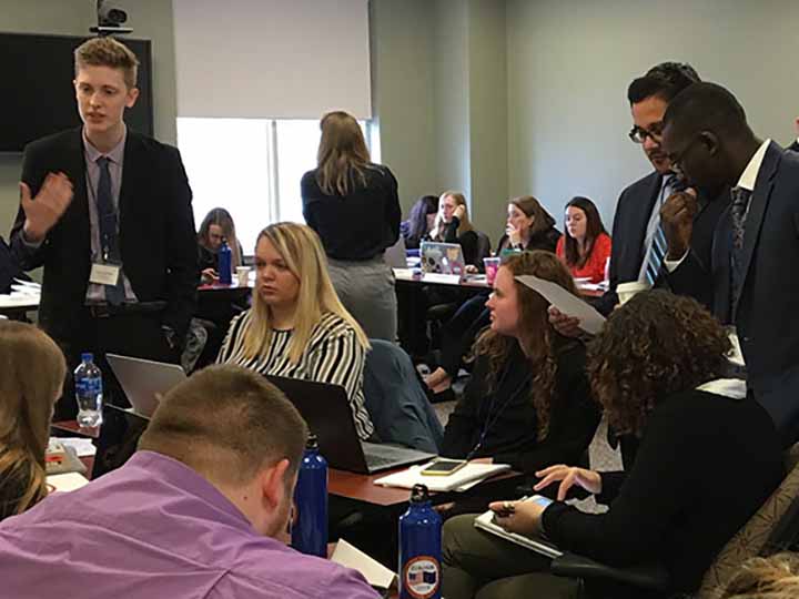 Students participate in a simulation of the European Union.