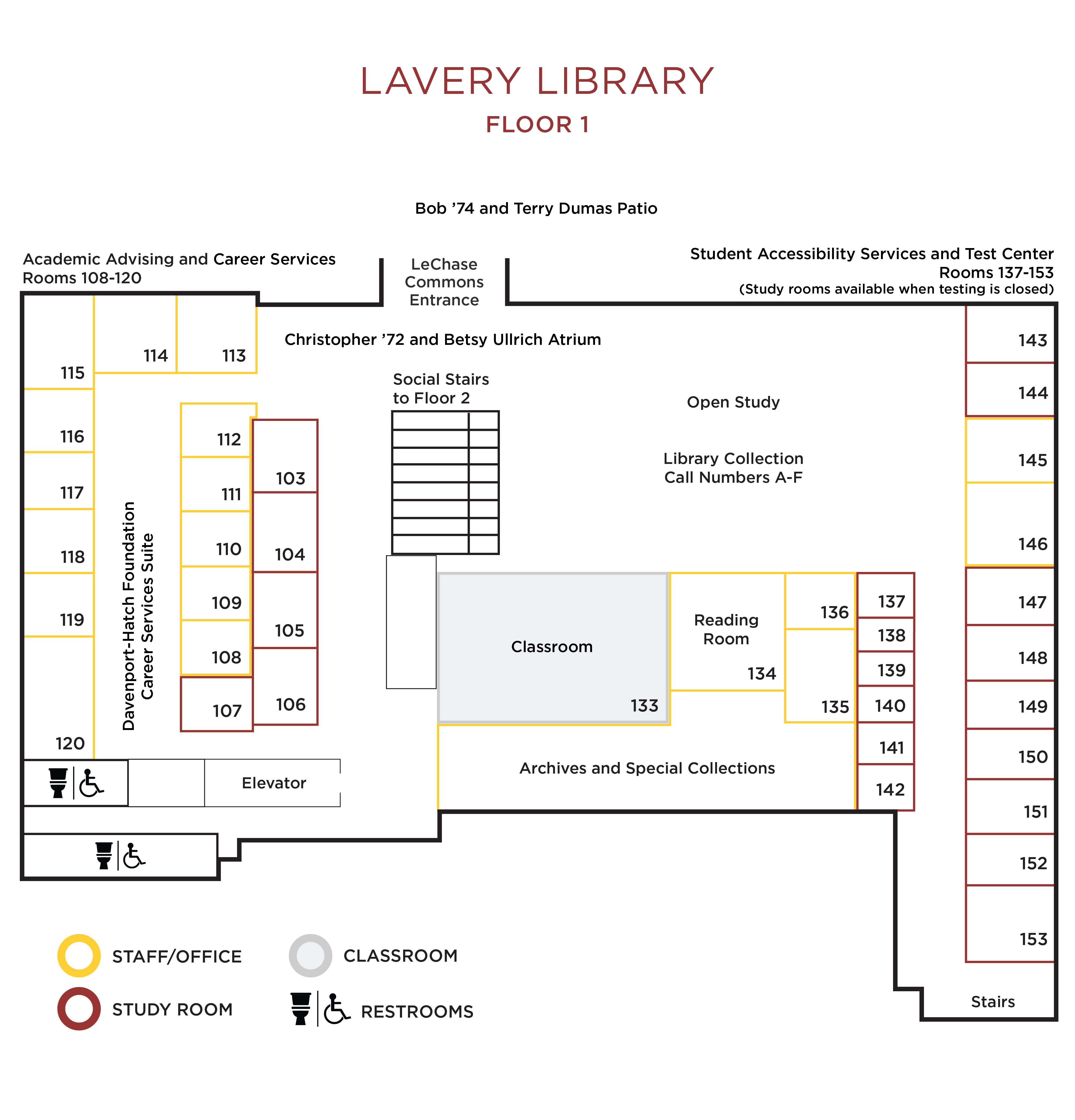 Schematic of the first floor of Lavery Library.