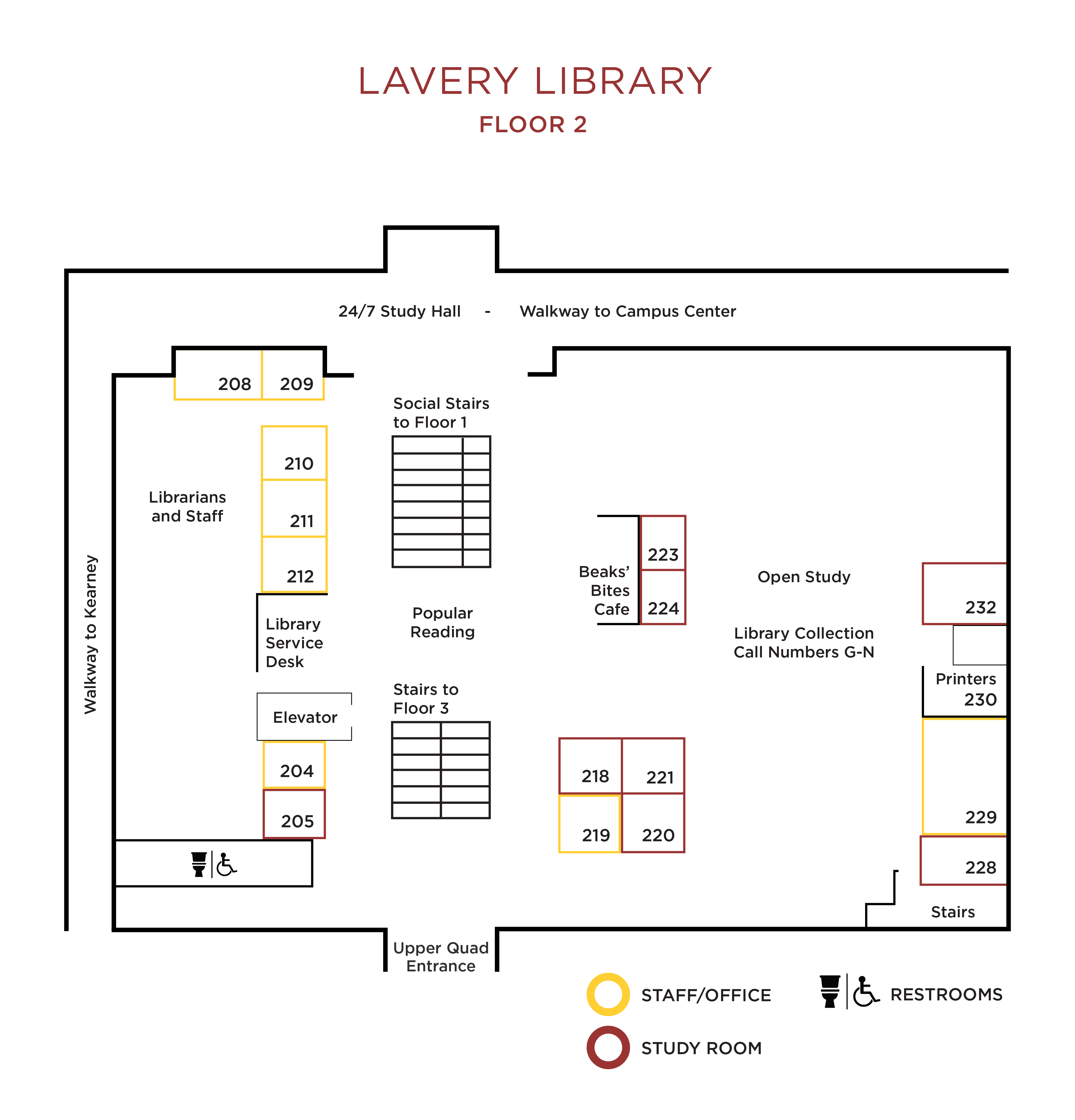 Schematic of the second floor of Lavery Library.