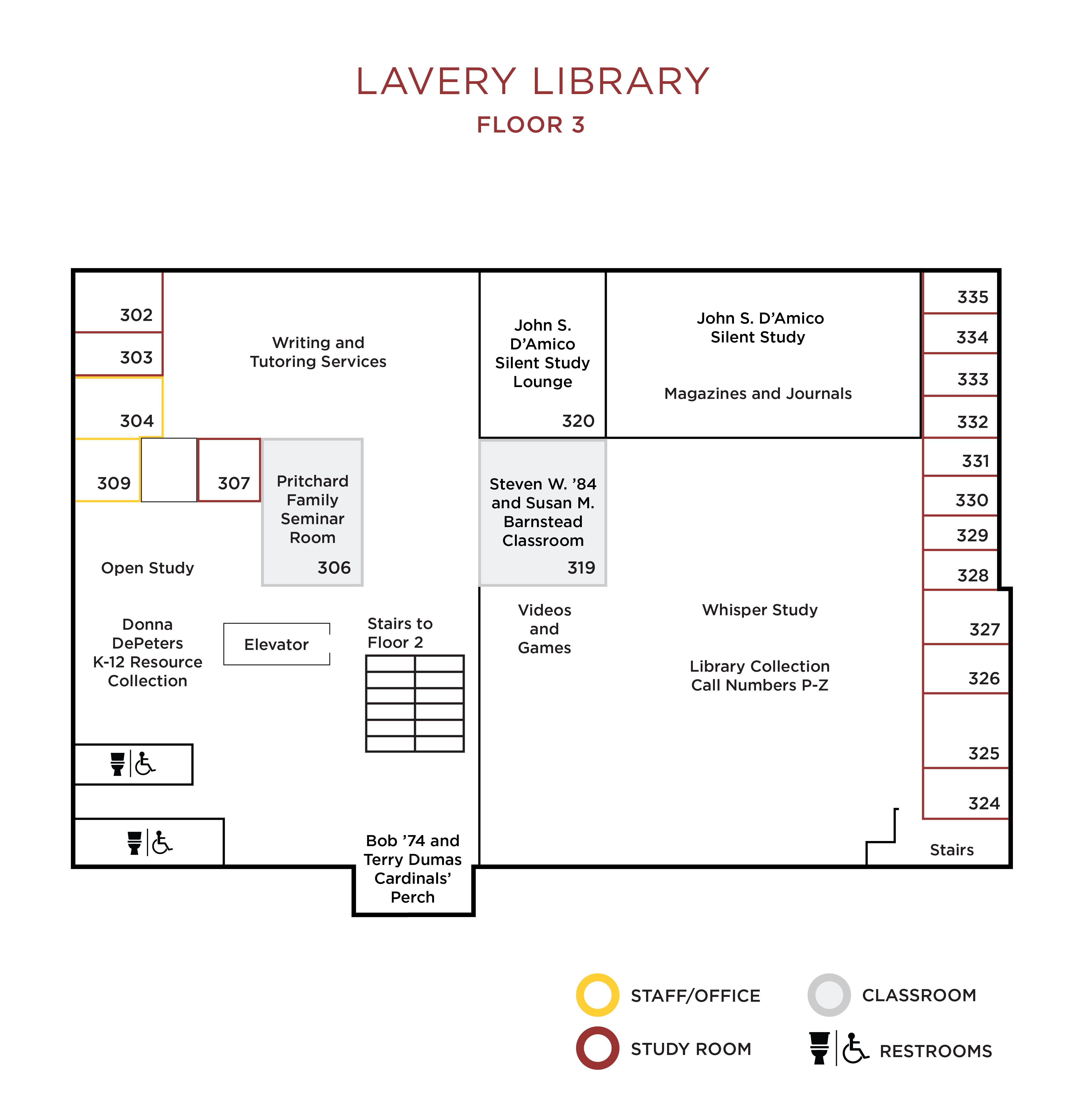 Schematic of the third floor of Lavery Library.