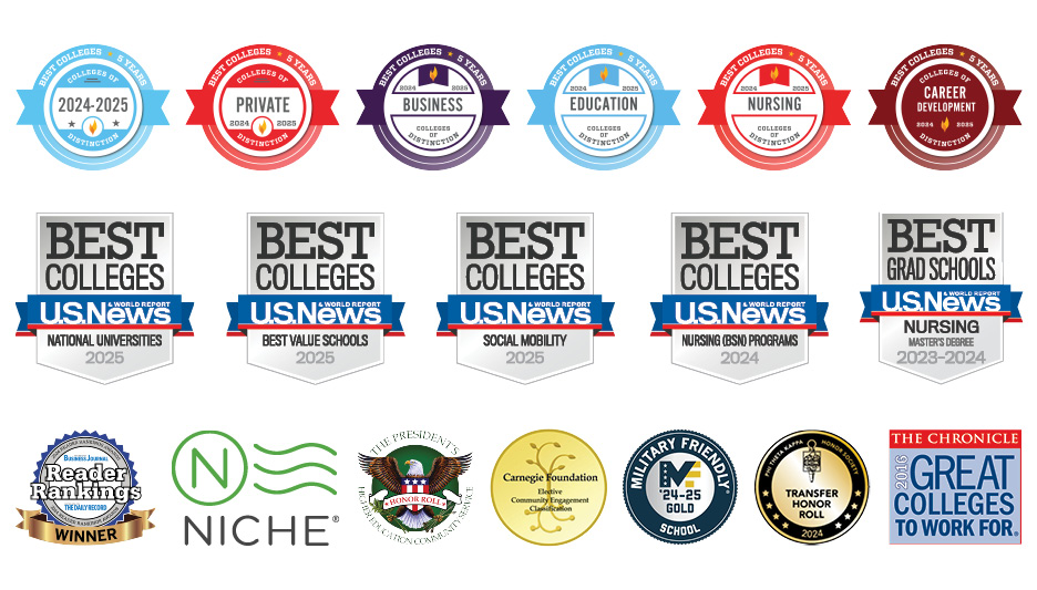 Logos of recent recognitions: Niche, Forbes, U.S. News and World Report, Colleges of Distinction,  Carnegie Foundation, The Princeton Review, Great Colleges to Work For