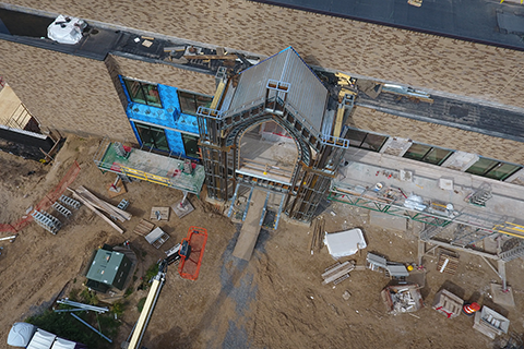 Overhead view of main entrance of Lavery Library under construction.