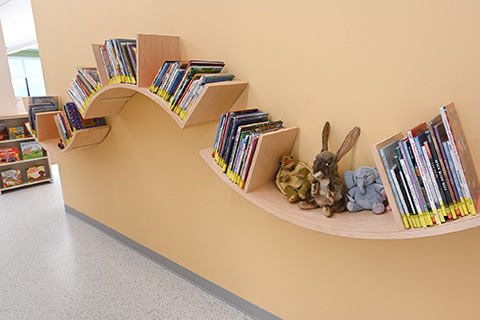 Childrens books on a windy shelf in the wall.