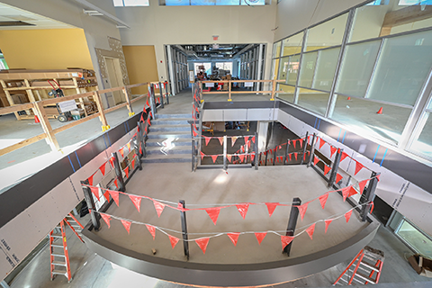 Red flags show Lavery Library areas under construction.