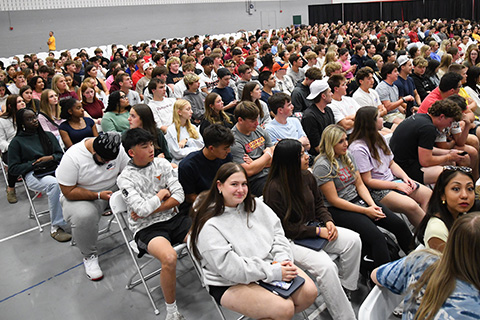 Freshman class gathered in the field house during Welcome Weekend Orientation.