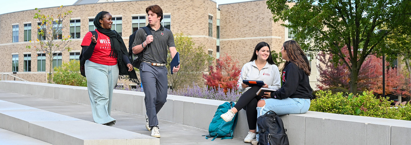 Students walk together on St. John Fisher University campus.
