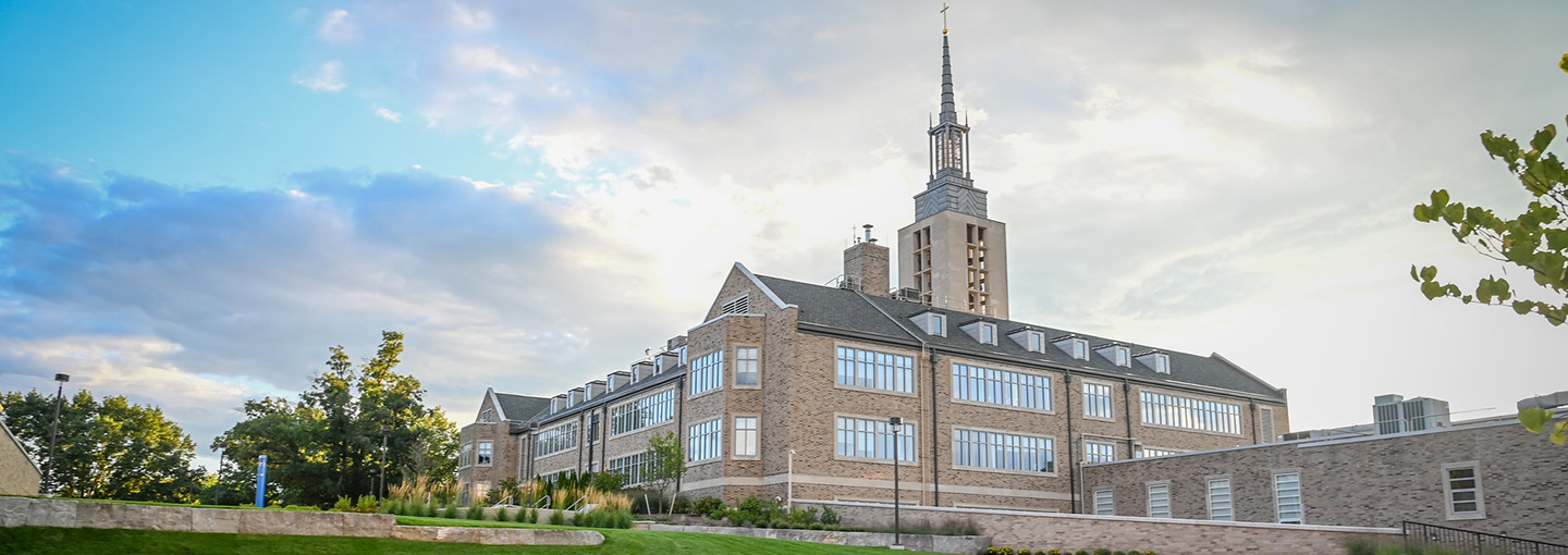 Iconic Kearney Hall from the base of Lavery Library.