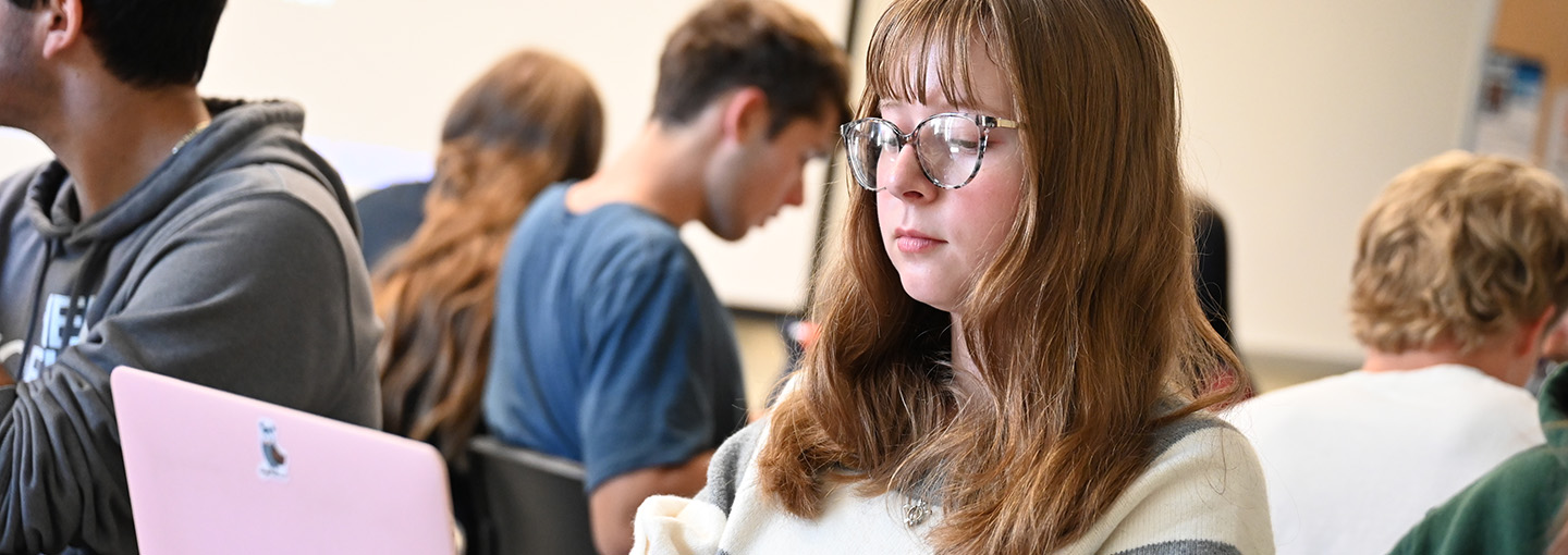 A student working on a laptop in class.