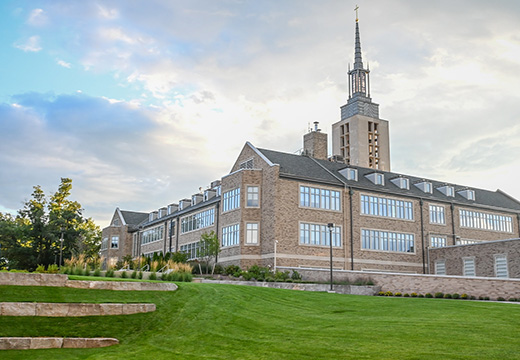 Iconic Kearney Hall from the base of Lavery Library.
