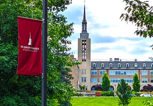 Landscape of St. John Fisher University and Kearney Hall.