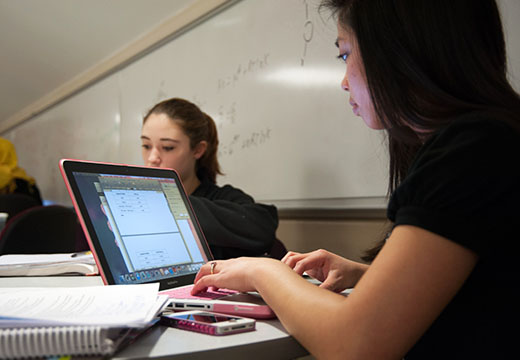 Student studying on laptop in front of white board.