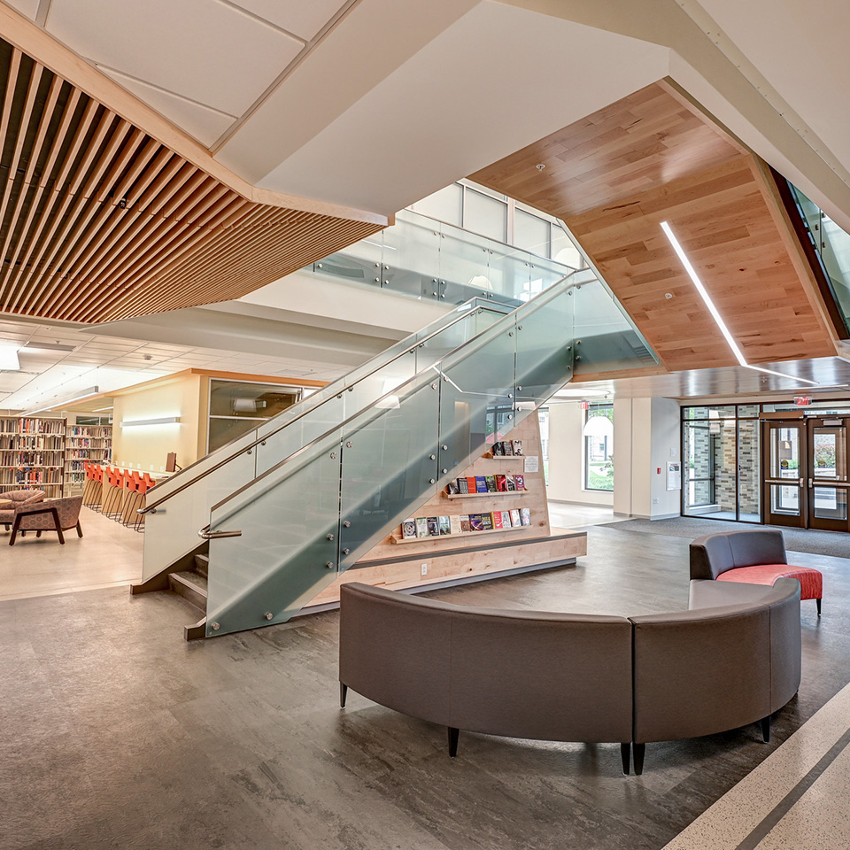 Brightly lit stairwell in Lavery Library.