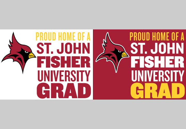 Red and white commencement window signs.