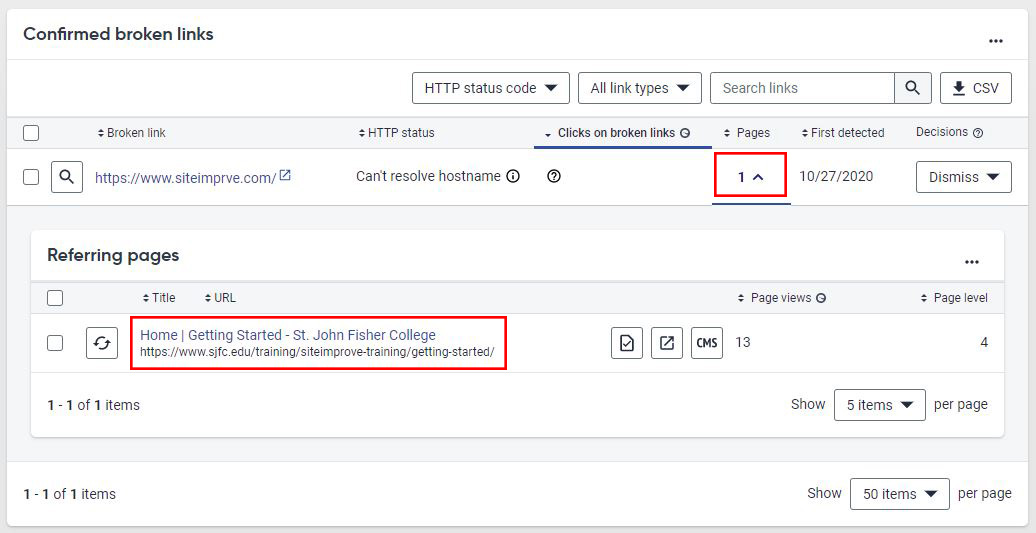 View the pages affected by a broken link by clicking on the number or down arrow in the Pages column.